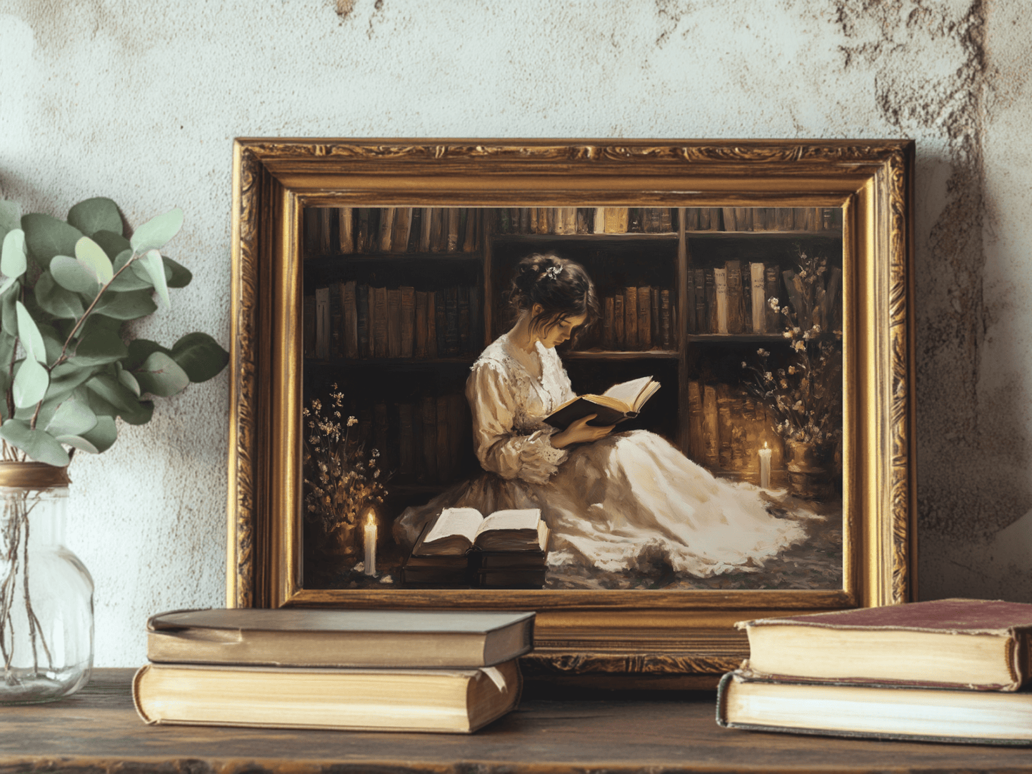 Victorian Woman Reading Art Print, Dark Academia Decor, Moody Vintage Library Oil Painting, Rustic Bookish Wall Art, Antique Book Poster