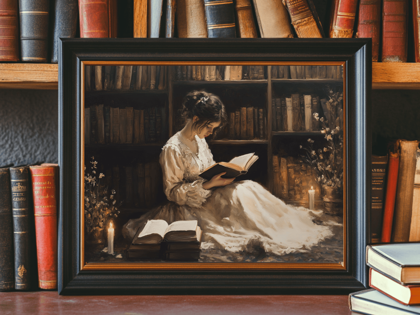 Victorian Woman Reading Art Print, Dark Academia Decor, Moody Vintage Library Oil Painting, Rustic Bookish Wall Art, Antique Book Poster