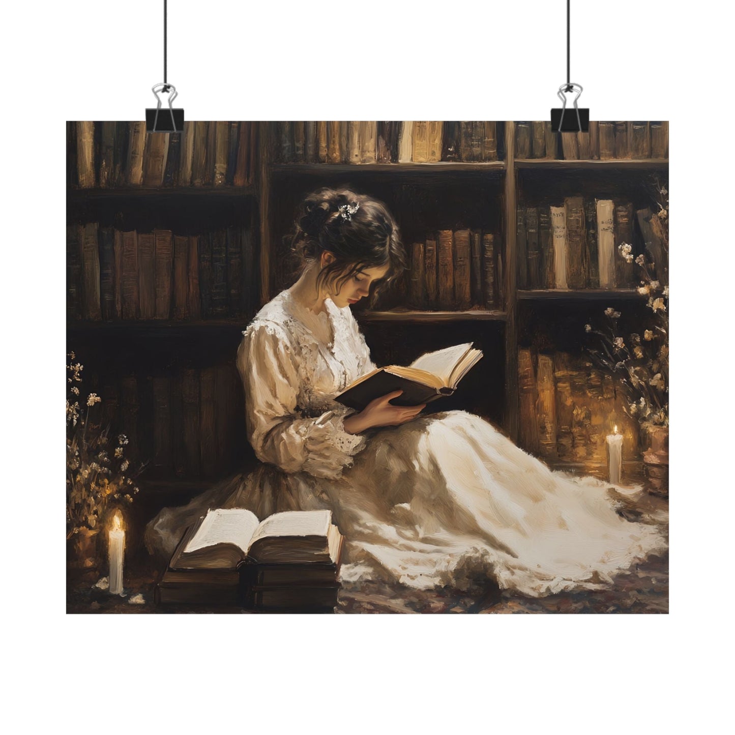 Victorian Woman Reading Art Print, Dark Academia Decor, Moody Vintage Library Oil Painting, Rustic Bookish Wall Art, Antique Book Poster