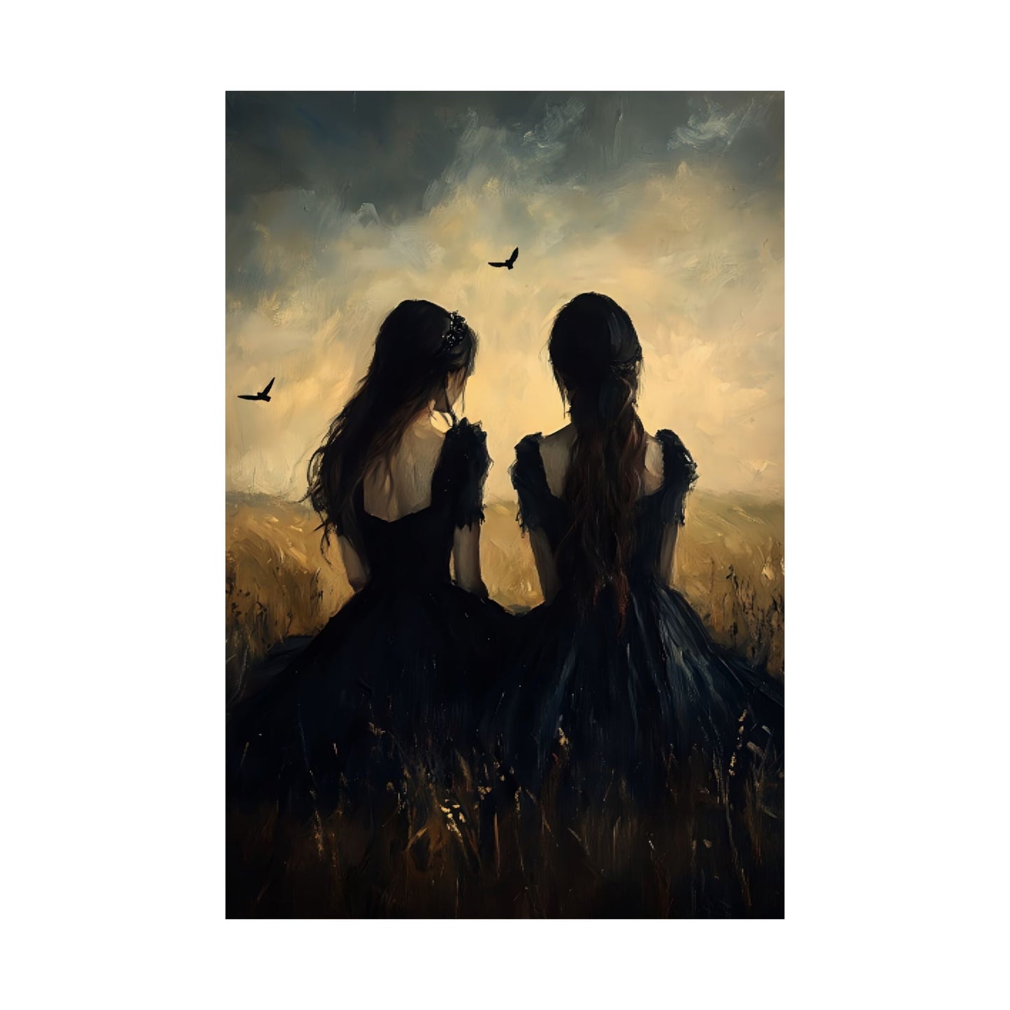 Victorian Women at Sunset Wall Art Painting - Dark Vintage Gothic Poster - Moody Vintage Print