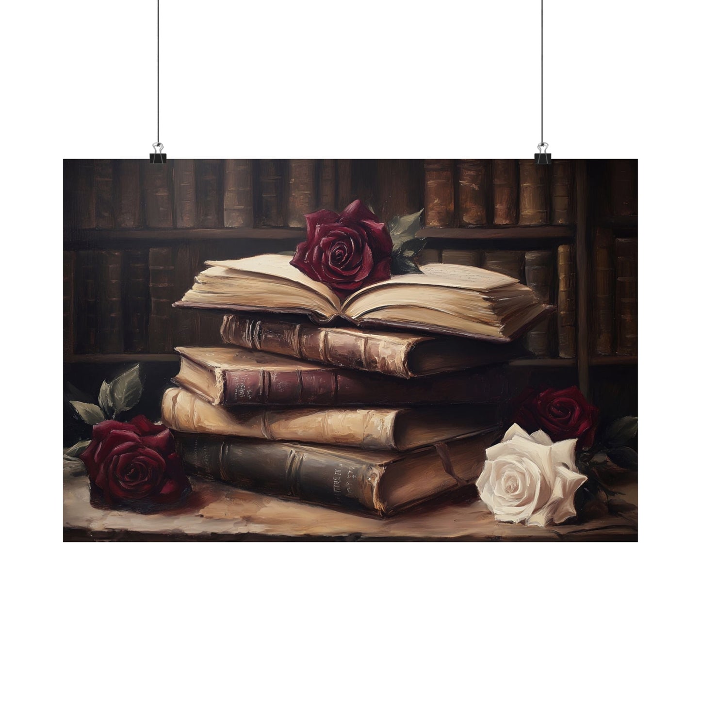Vintage Dark Academia Books & Roses Painting, Victorian Library Wall Art Print, Moody Bookish Oil Painting, Antique Book Lover Gift