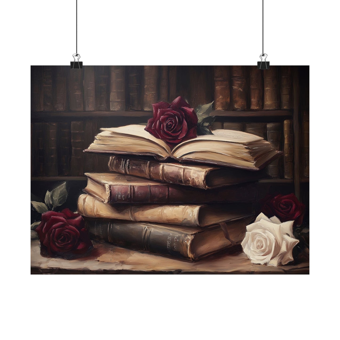 Vintage Dark Academia Books & Roses Painting, Victorian Library Wall Art Print, Moody Bookish Oil Painting, Antique Book Lover Gift