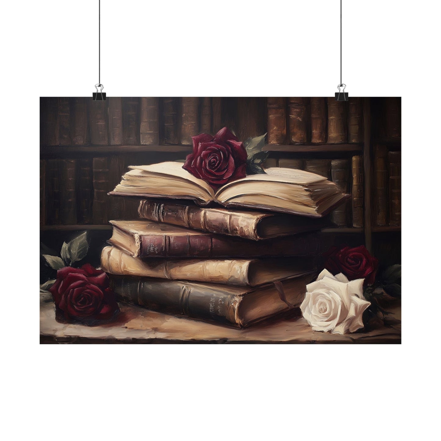 Vintage Dark Academia Books & Roses Painting, Victorian Library Wall Art Print, Moody Bookish Oil Painting, Antique Book Lover Gift