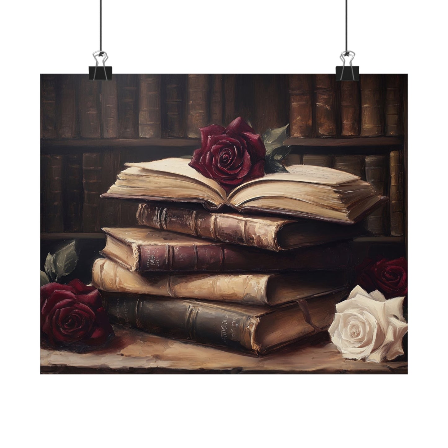 Vintage Dark Academia Books & Roses Painting, Victorian Library Wall Art Print, Moody Bookish Oil Painting, Antique Book Lover Gift
