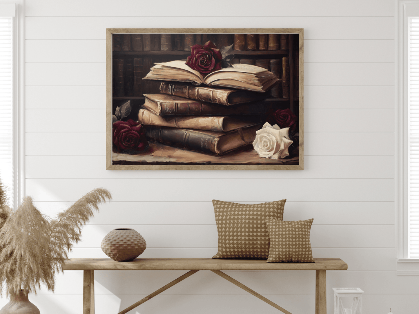 Vintage Dark Academia Books & Roses Painting, Victorian Library Wall Art Print, Moody Bookish Oil Painting, Antique Book Lover Gift