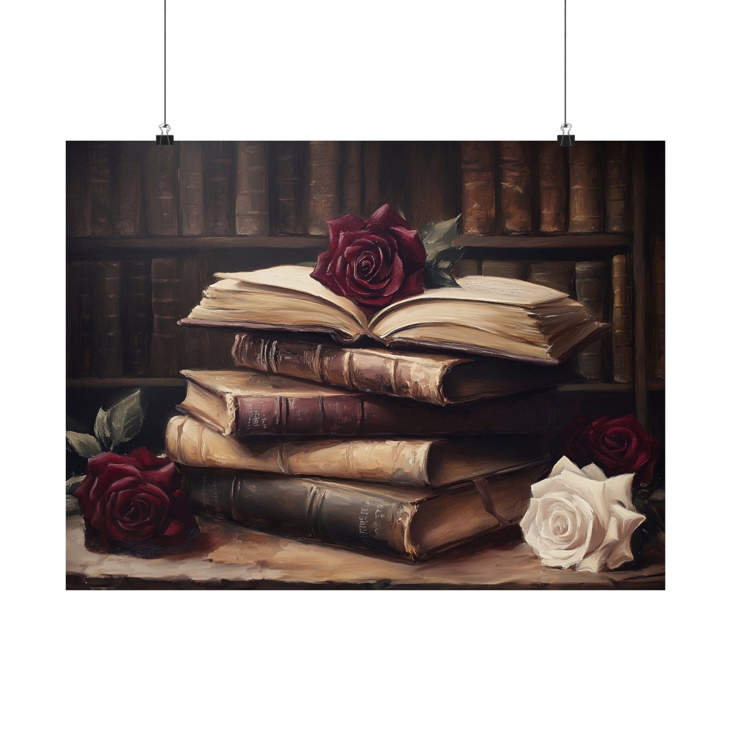Vintage Dark Academia Books & Roses Painting, Victorian Library Wall Art Print, Moody Bookish Oil Painting, Antique Book Lover Gift