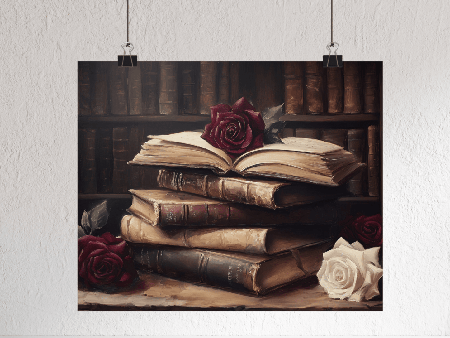 Vintage Dark Academia Books & Roses Painting, Victorian Library Wall Art Print, Moody Bookish Oil Painting, Antique Book Lover Gift