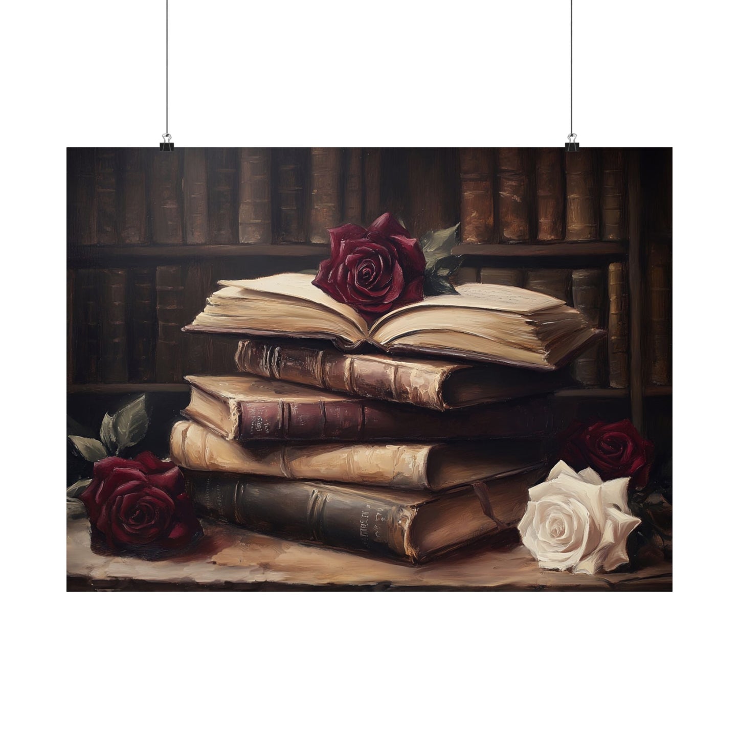 Vintage Dark Academia Books & Roses Painting, Victorian Library Wall Art Print, Moody Bookish Oil Painting, Antique Book Lover Gift