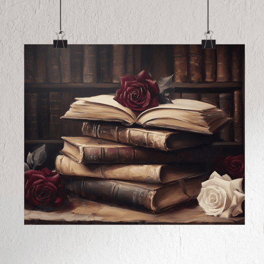 Vintage Dark Academia Books  & Roses Painting, Victorian Library Wall Art Print, Moody Bookish Oil Painting, Antique Book Lover Gift