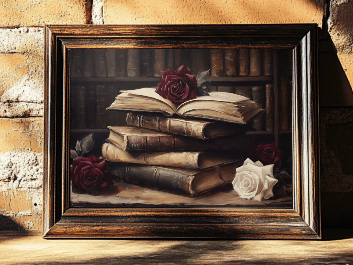 Vintage Dark Academia Books & Roses Painting, Victorian Library Wall Art Print, Moody Bookish Oil Painting, Antique Book Lover Gift