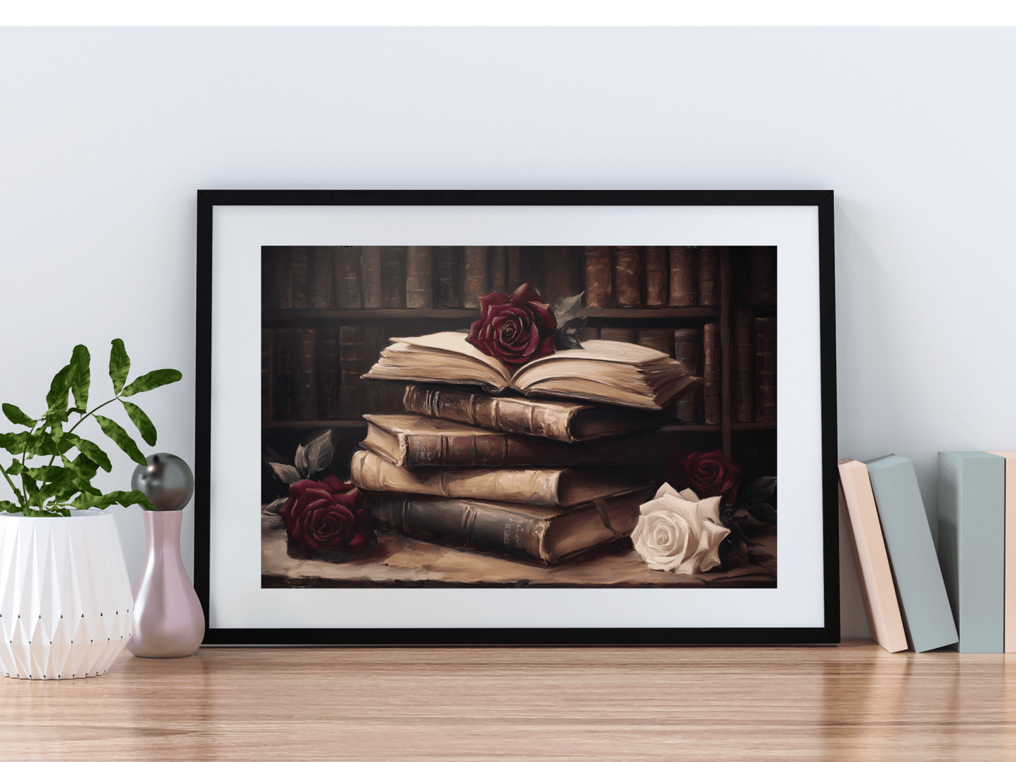 Vintage Dark Academia Books & Roses Painting, Victorian Library Wall Art Print, Moody Bookish Oil Painting, Antique Book Lover Gift