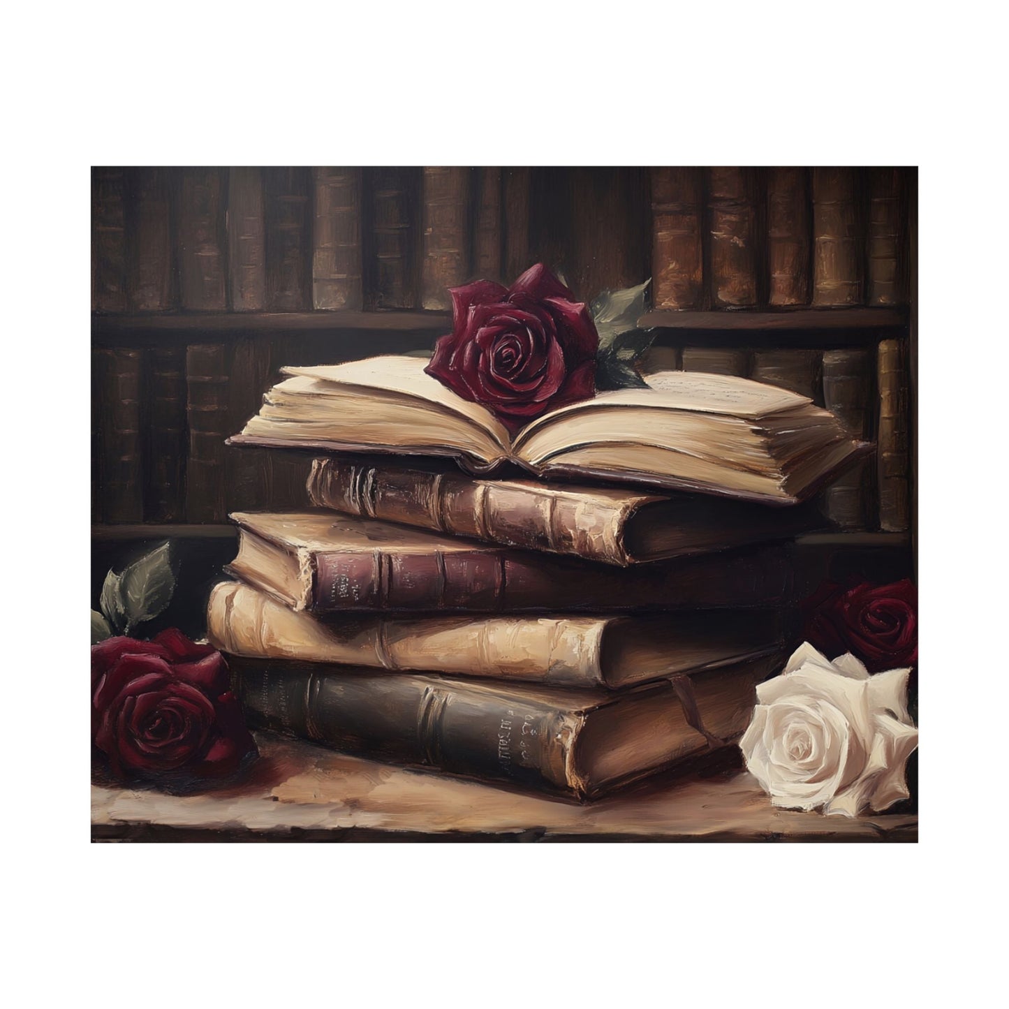 Vintage Dark Academia Books & Roses Painting, Victorian Library Wall Art Print, Moody Bookish Oil Painting, Antique Book Lover Gift