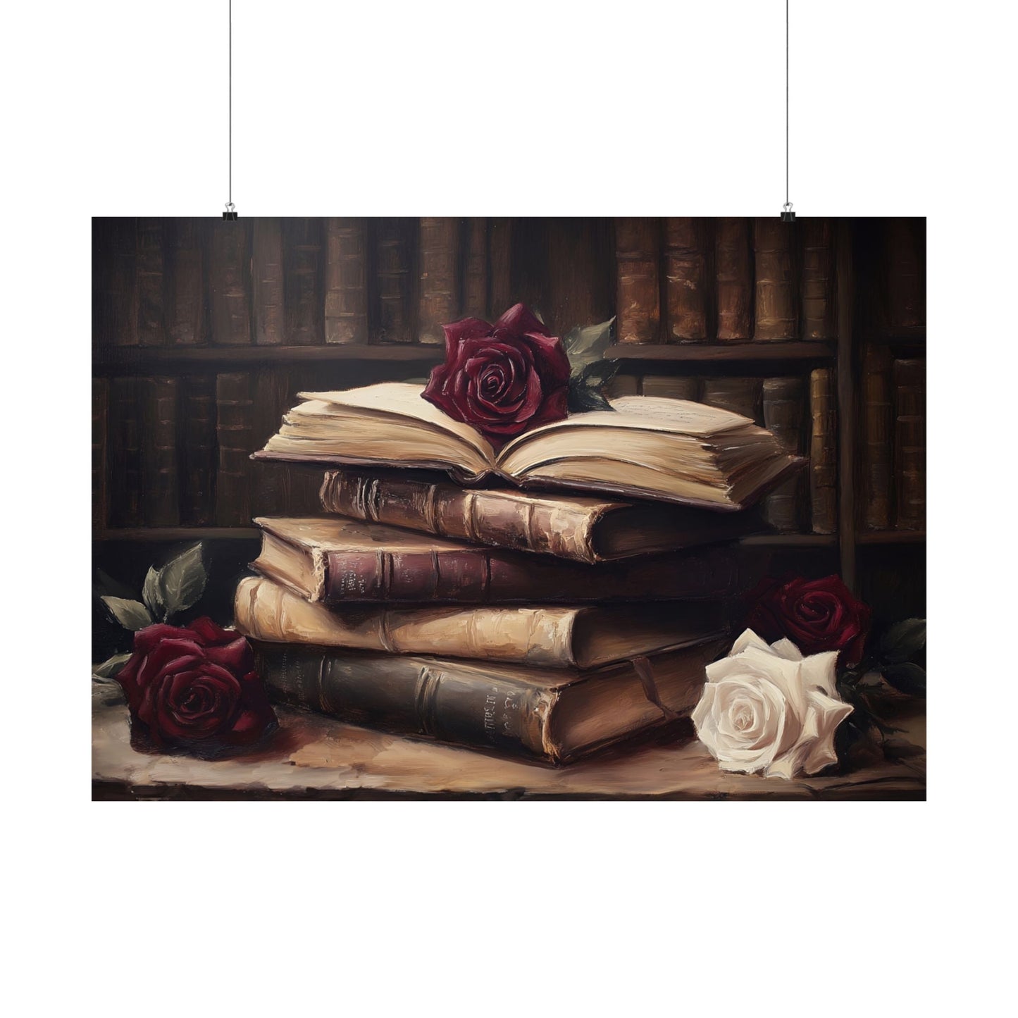 Vintage Dark Academia Books & Roses Painting, Victorian Library Wall Art Print, Moody Bookish Oil Painting, Antique Book Lover Gift