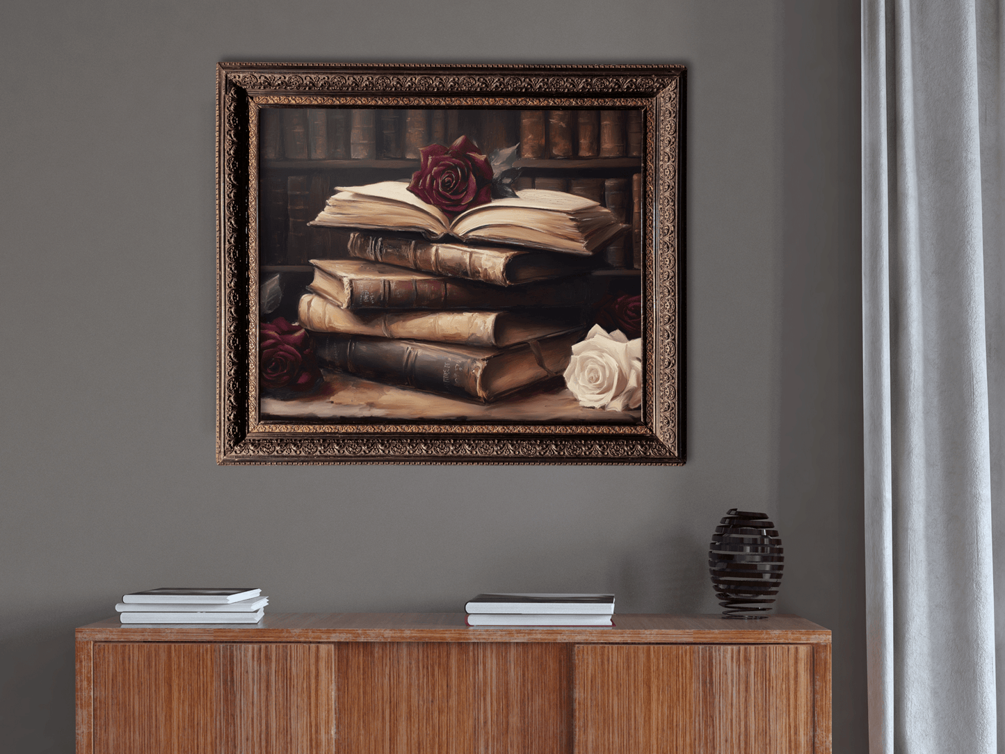 Vintage Dark Academia Books & Roses Painting, Victorian Library Wall Art Print, Moody Bookish Oil Painting, Antique Book Lover Gift
