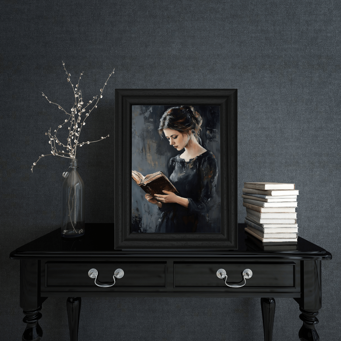 Vintage Woman Reading Wall Art Print - Bookish Moody Victorian Painting - Dark Academia Poster for Book Lovers