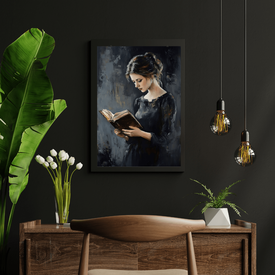 Vintage Woman Reading Wall Art Print - Bookish Moody Victorian Painting - Dark Academia Poster for Book Lovers