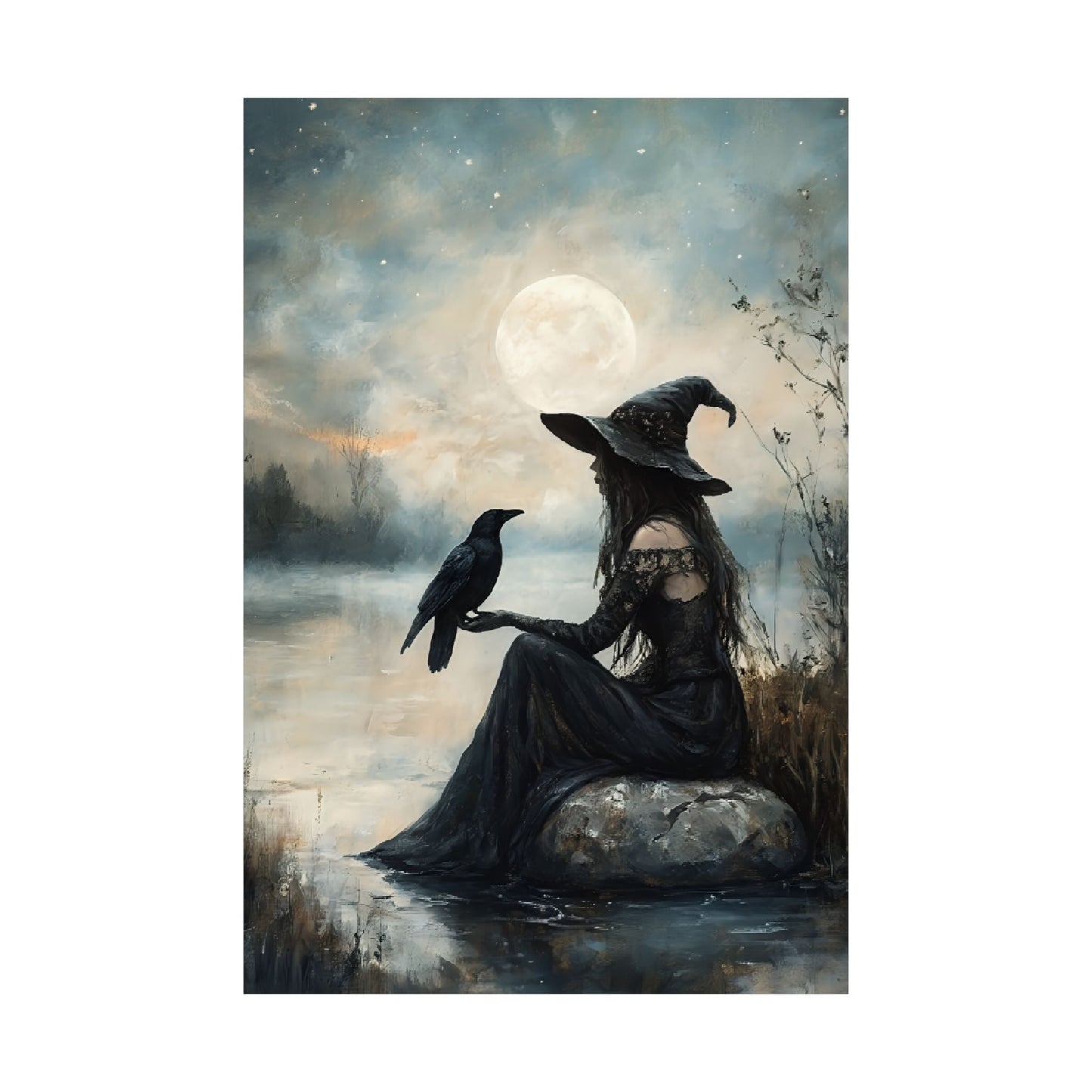 Witch and Raven Wall Art Print - Witchy Painting - Vintage Gothic Poster