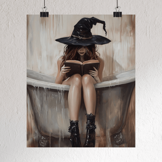Witch Reading in Bathtub Painting - Gothic Witchcore Wall Art Print - Vintage Witchy Poster for Bathroom - Boo and Bewear