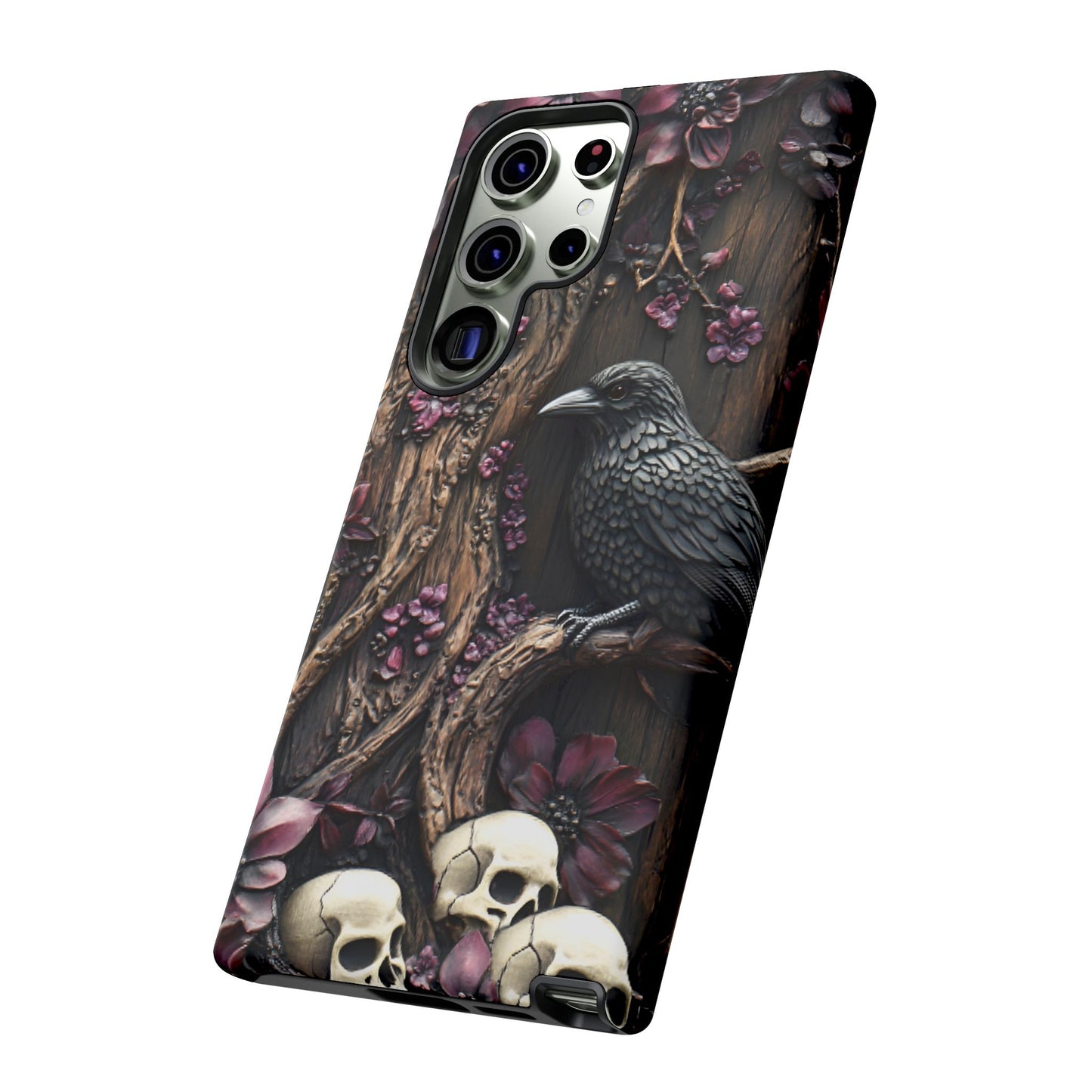 Raven and Skulls Phone Case - Gothic Faux Wood Phone Cases - iPhone 16 15 14 13 12 11, Samsung Galaxy & Google Pixel Phone Covers