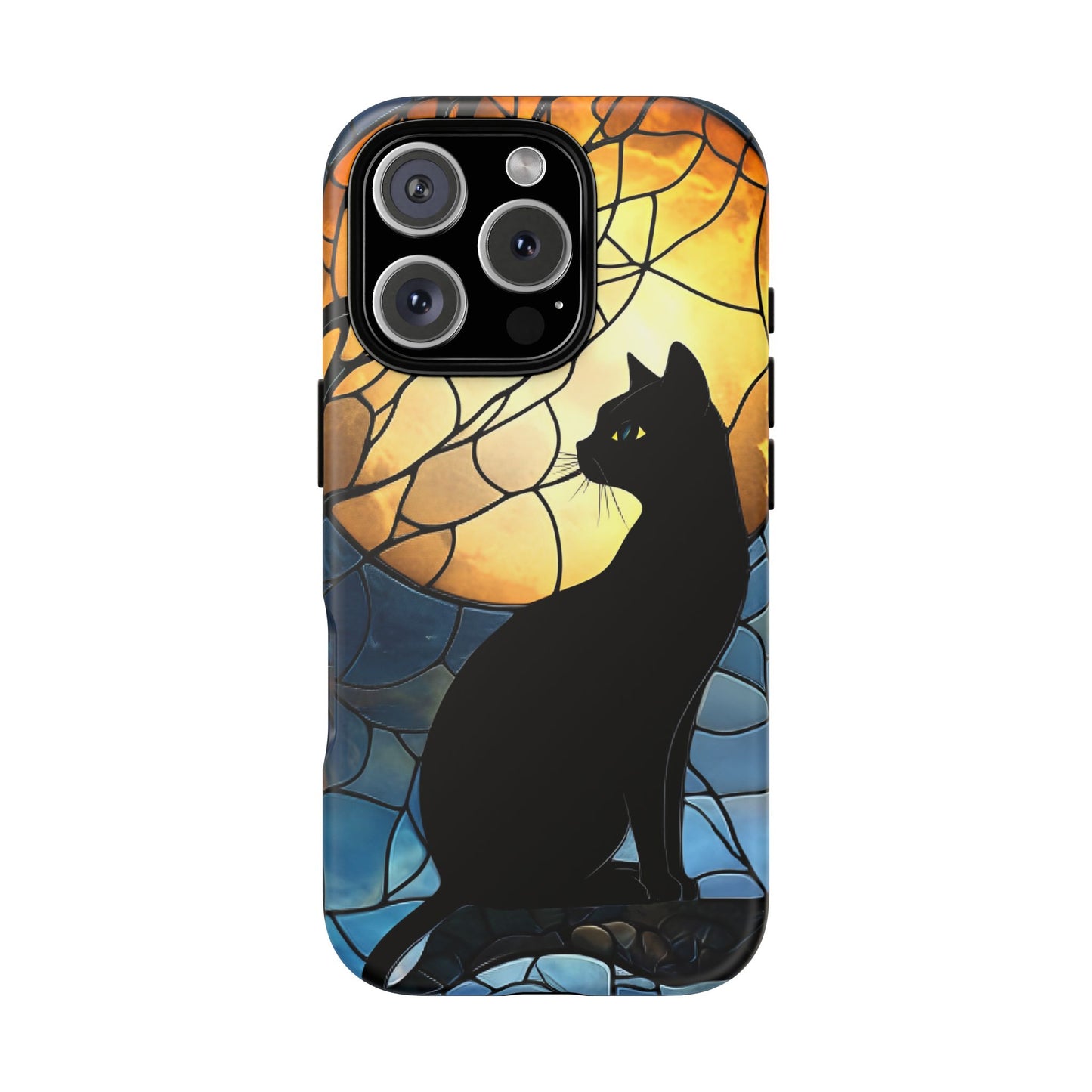 Black Cat and Moon Stained Glass Phone Case - Celestial Cat Lover Phone Cases - iPhone 16 15 14 13 12 11, Samsung Galaxy & Google Pixel Phone Covers