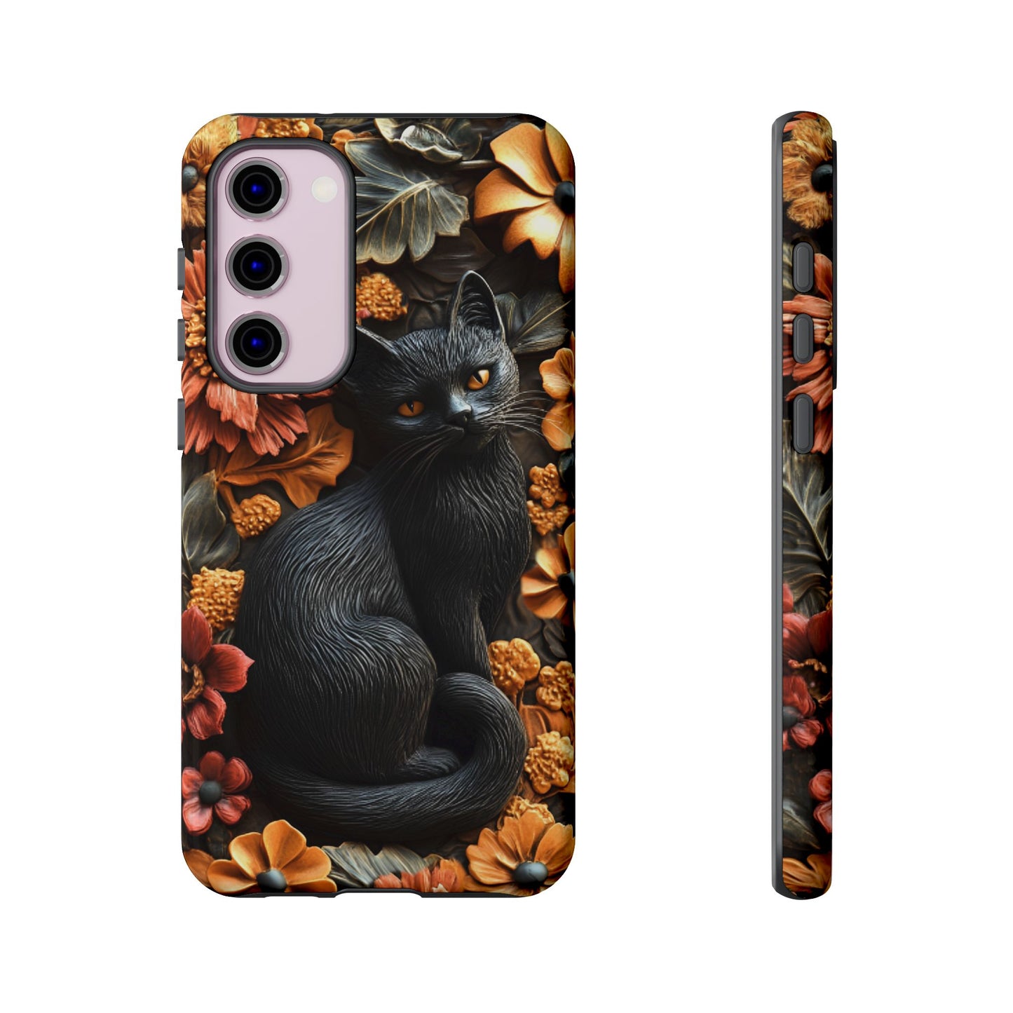 Black Cat Floral Fall Phone Case - Carved Clay Effect Cat Lover Phone Cases - iPhone 16 15 14 13 12 11, Samsung Galaxy & Google Pixel Phone Covers