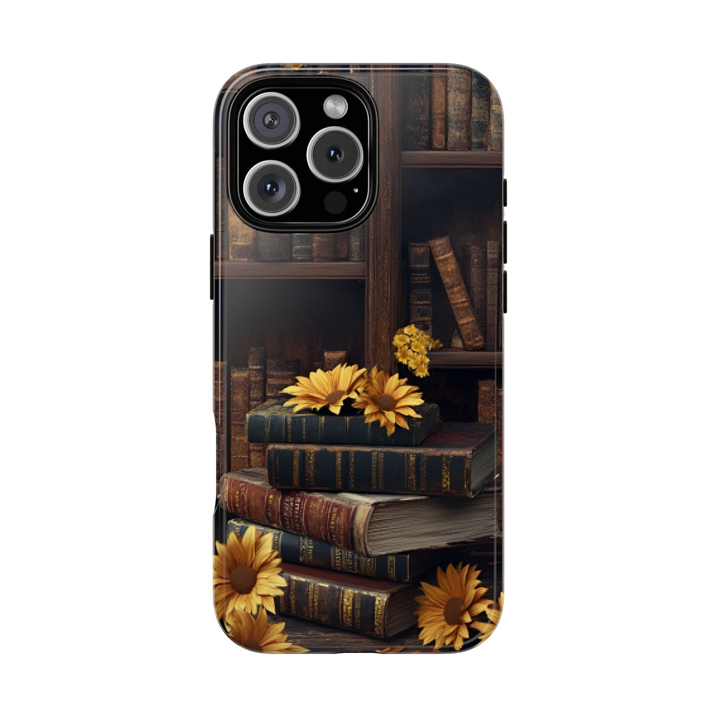 Vintage Books and Sunflowers Phone Case - Dark Academia Library Phone Cases - iPhone 16 15 14 13 12 11, Samsung Galaxy & Google Pixel Phone Covers - Boo and Bewear