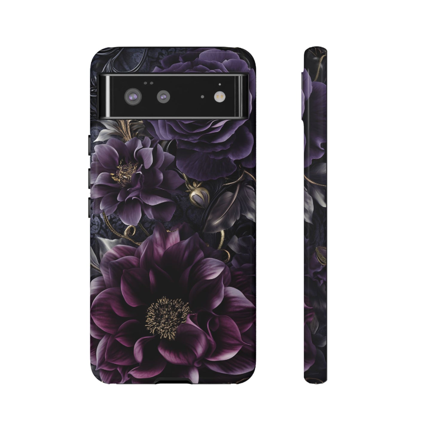 Gothic Dark Floral Phone Case - Aesthetic Purple and Gold Flowers - iPhone 16 15 14 13 12 11, Samsung Galaxy & Google Pixel Phone Covers