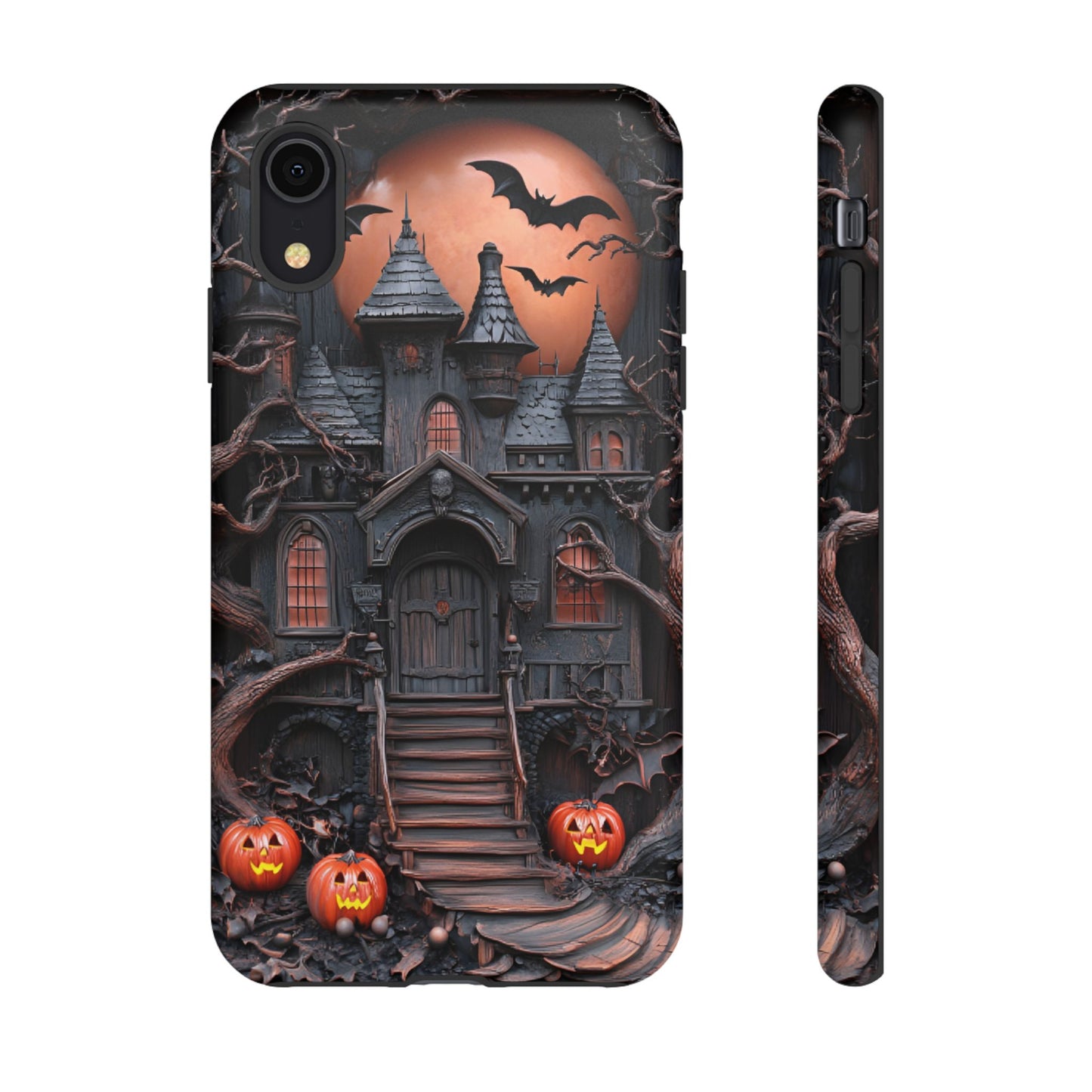 Carved Wood Haunted House Phone Case - Faux Wood Spooky Halloween Phone Cases for iPhone 16 15 14 13 12 11, Samsung Galaxy & Google Pixel