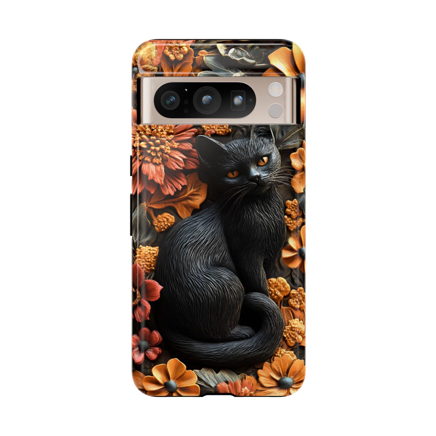 Black Cat Floral Fall Phone Case - Carved Clay Effect Cat Lover Phone Cases - iPhone 16 15 14 13 12 11, Samsung Galaxy & Google Pixel Phone Covers