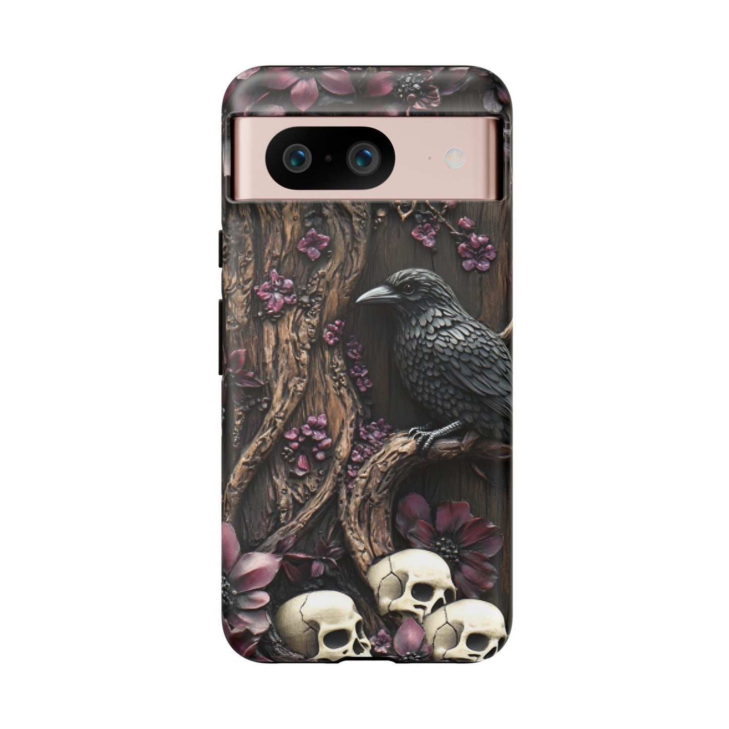 Raven and Skulls Phone Case - Gothic Faux Wood Phone Cases - iPhone 16 15 14 13 12 11, Samsung Galaxy & Google Pixel Phone Covers