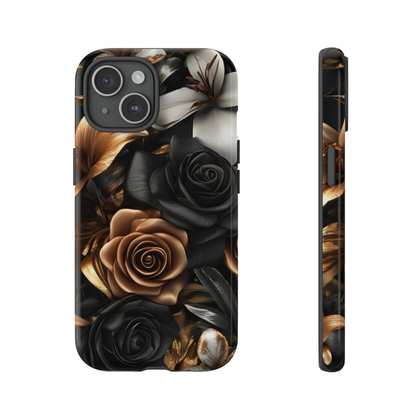 Floral Phone Case - Black and Gold Roses - iPhone 16 15 14 13 12 11, Samsung Galaxy & Google Pixel Phone Covers