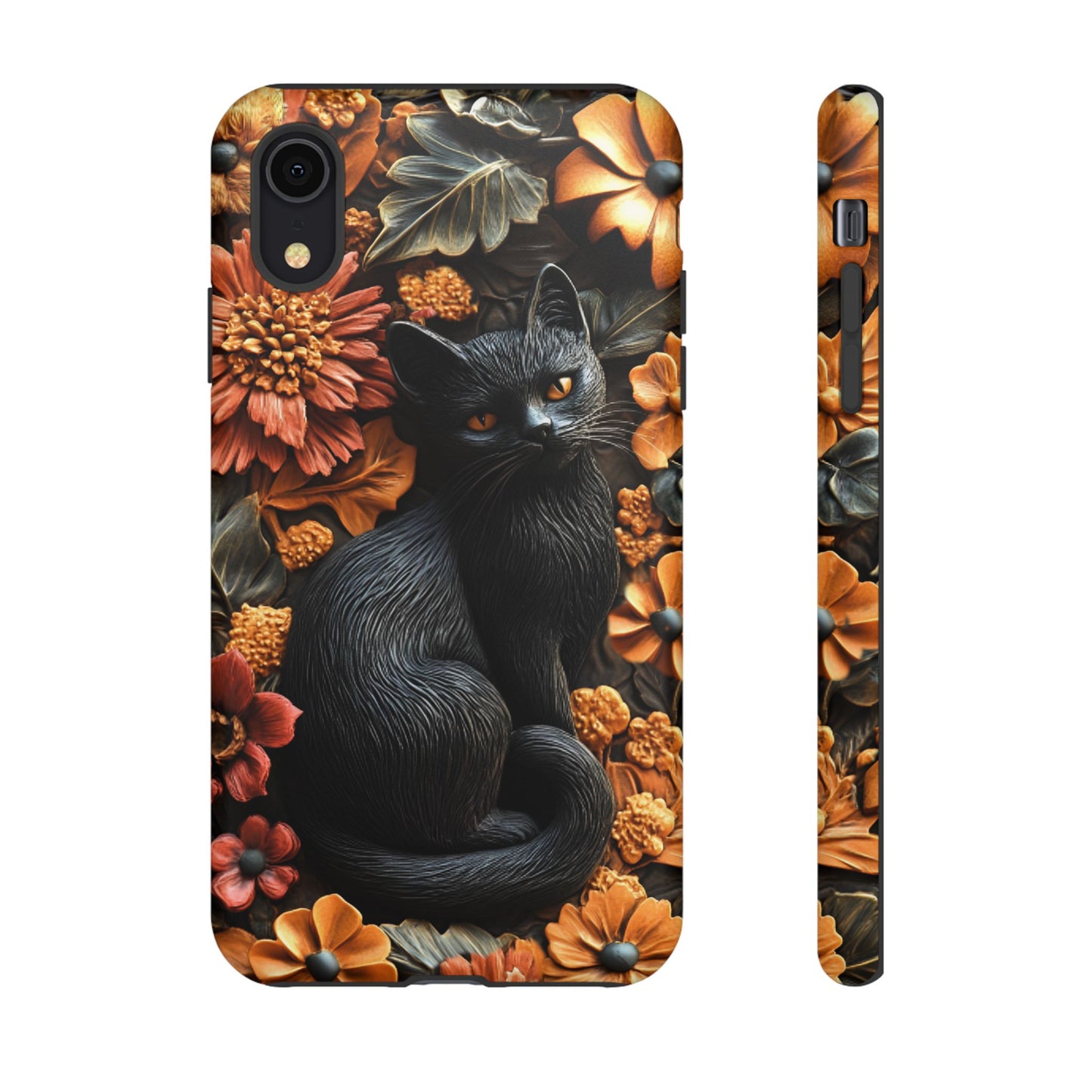 Black Cat Floral Fall Phone Case - Carved Clay Effect Cat Lover Phone Cases for iPhone 16 15 14 13 12 11, Samsung Galaxy & Google Pixel