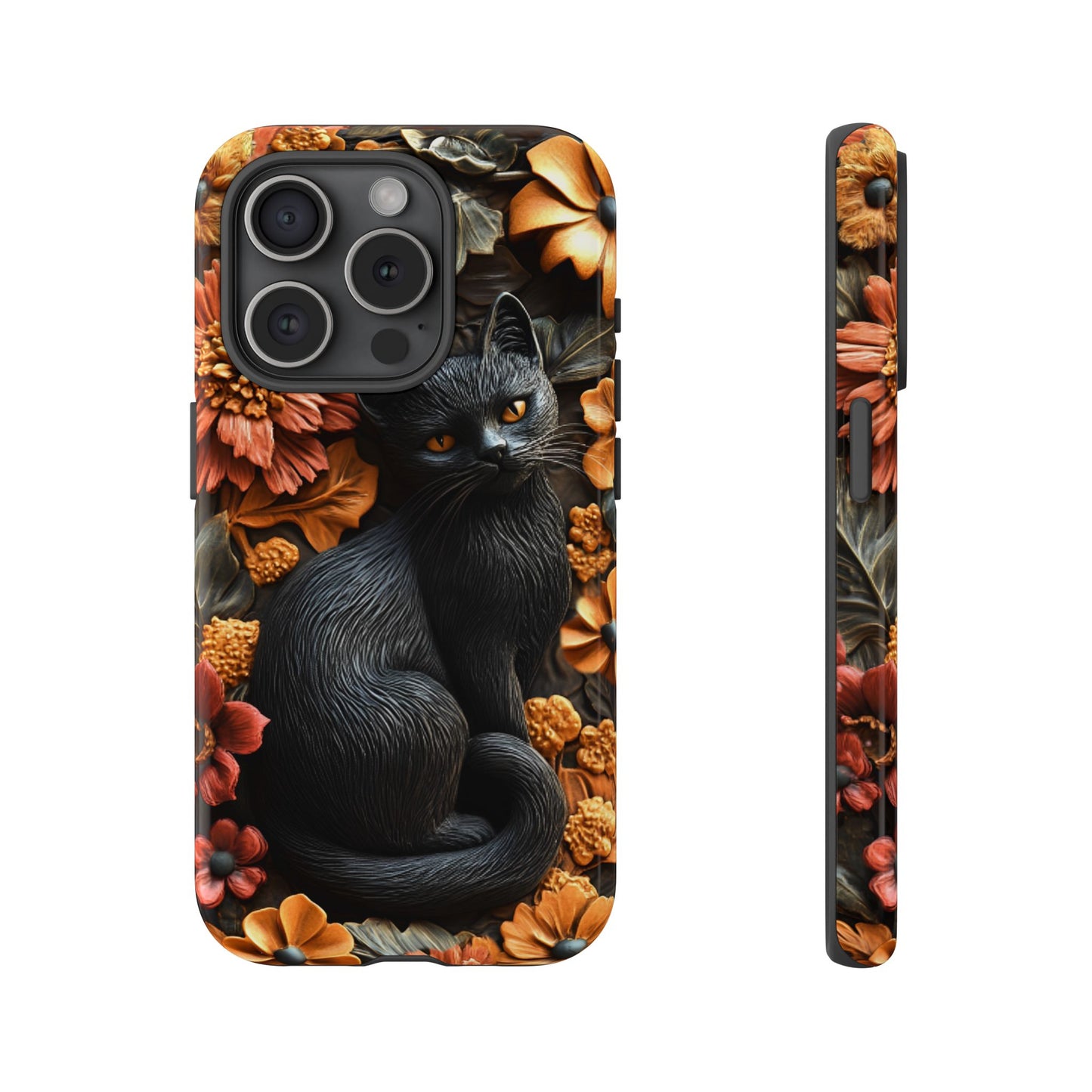 Black Cat Floral Fall Phone Case - Carved Clay Effect Cat Lover Phone Cases - iPhone 16 15 14 13 12 11, Samsung Galaxy & Google Pixel Phone Covers