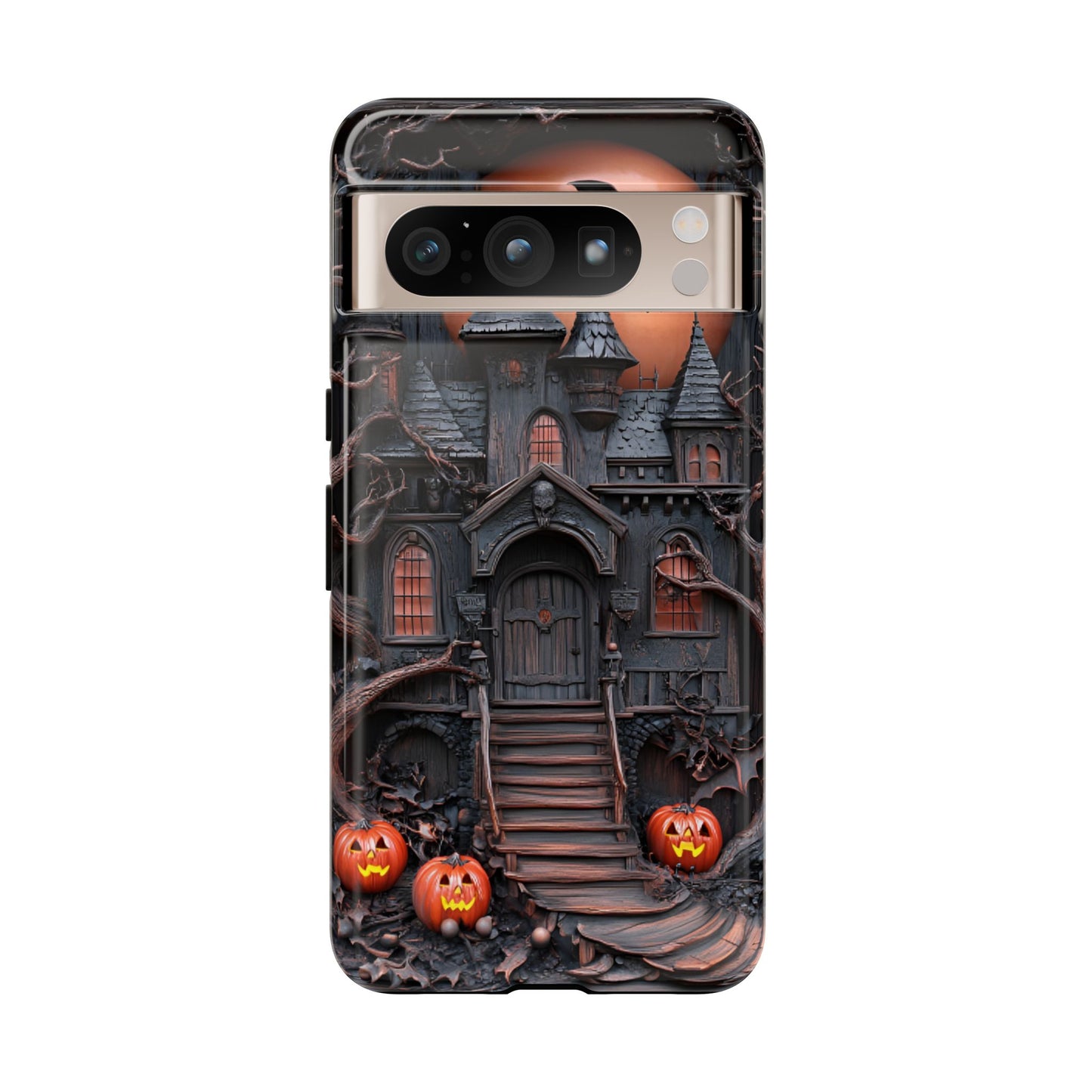 Carved Wood Haunted House Phone Case - Faux Wood Spooky Halloween Phone Cases - iPhone 16 15 14 13 12 11, Samsung Galaxy & Google Pixel Phone Covers