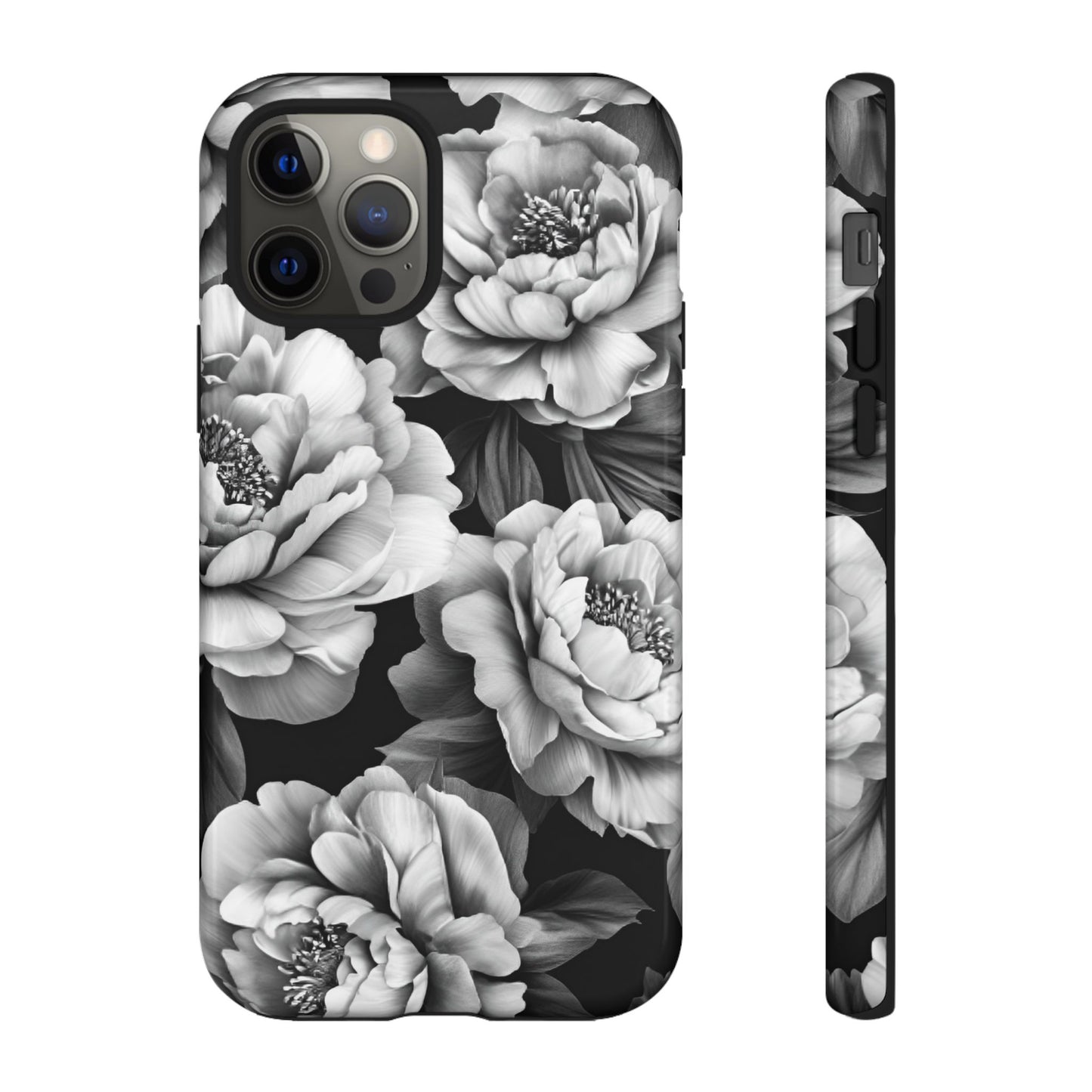 Black and White Peony Flower Phone Case - Aesthetic Dark Floral Phone Cases for iPhone 16 15 14 13 12 11, Samsung Galaxy & Google Pixel