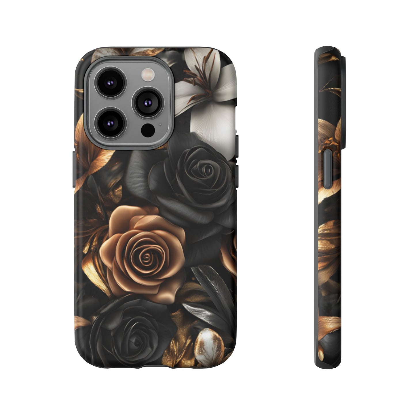 Floral Phone Case - Black and Gold Roses for iPhone 16 15 14 13 12 11, Samsung Galaxy & Google Pixel