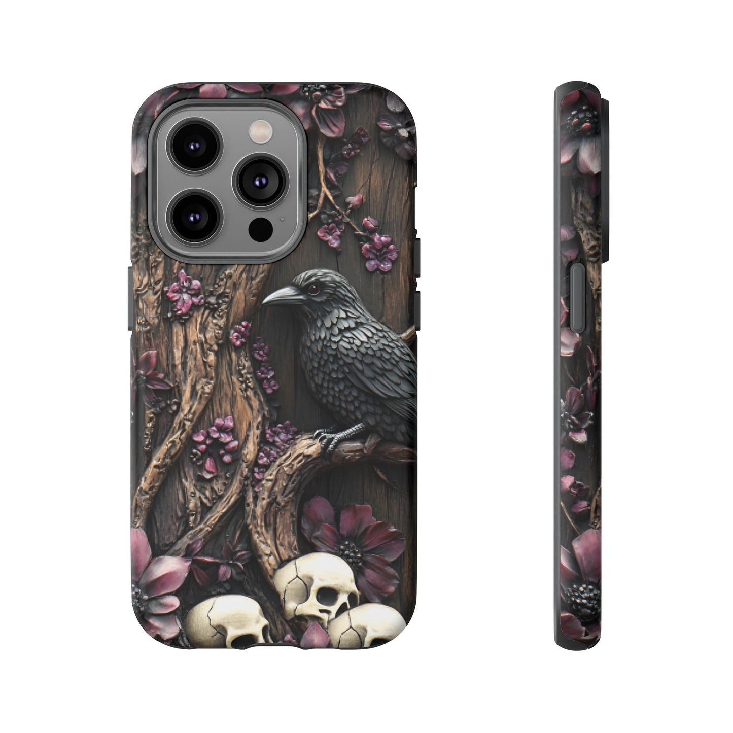 Raven and Skulls Phone Case - Gothic Faux Wood Phone Cases - iPhone 16 15 14 13 12 11, Samsung Galaxy & Google Pixel Phone Covers