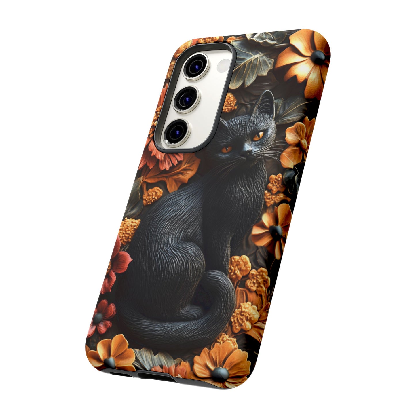 Black Cat Floral Fall Phone Case - Carved Clay Effect Cat Lover Phone Cases for iPhone 16 15 14 13 12 11, Samsung Galaxy & Google Pixel