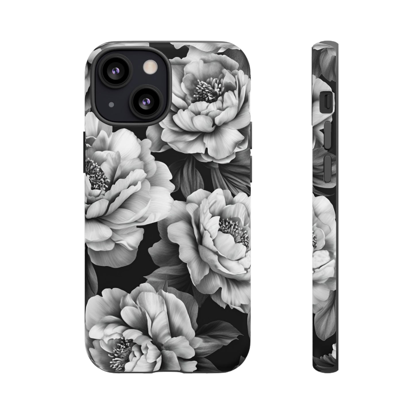 Black and White Peony Flower Phone Case - Aesthetic Dark Floral Phone Cases for iPhone 16 15 14 13 12 11, Samsung Galaxy & Google Pixel