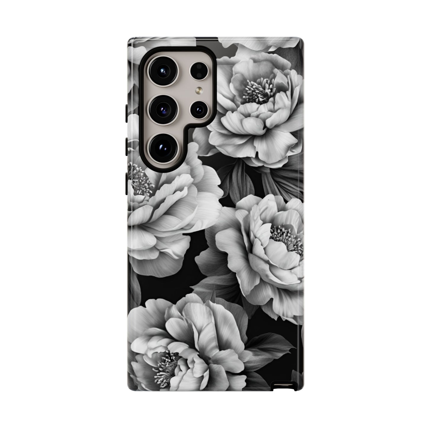 Black and White Peony Flower Phone Case - Aesthetic Dark Floral Phone Cases - iPhone 16 15 14 13 12 11, Samsung Galaxy & Google Pixel Phone Covers