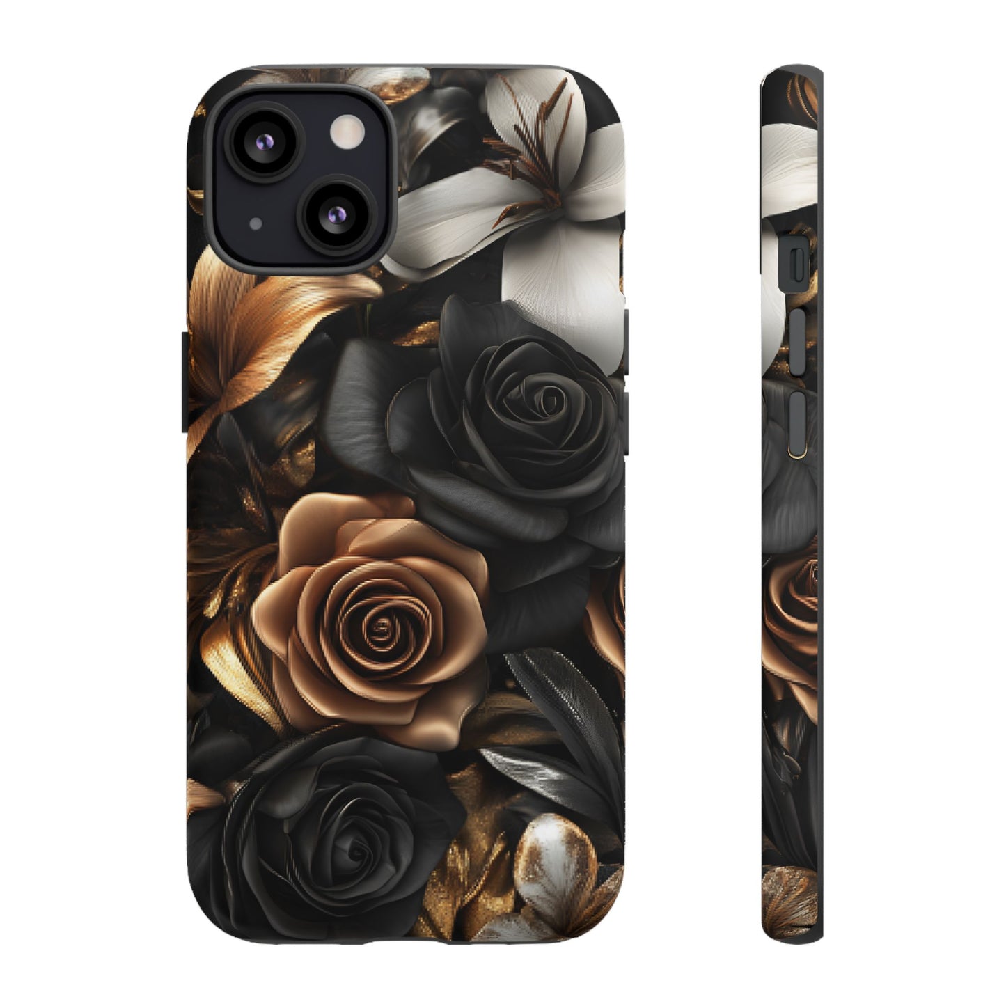 Floral Phone Case - Black and Gold Roses for iPhone 16 15 14 13 12 11, Samsung Galaxy & Google Pixel