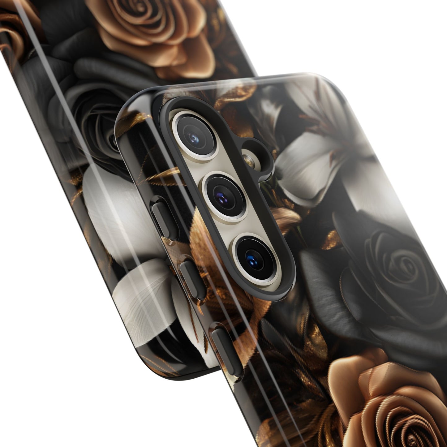 Floral Phone Case - Black and Gold Roses for iPhone 16 15 14 13 12 11, Samsung Galaxy & Google Pixel