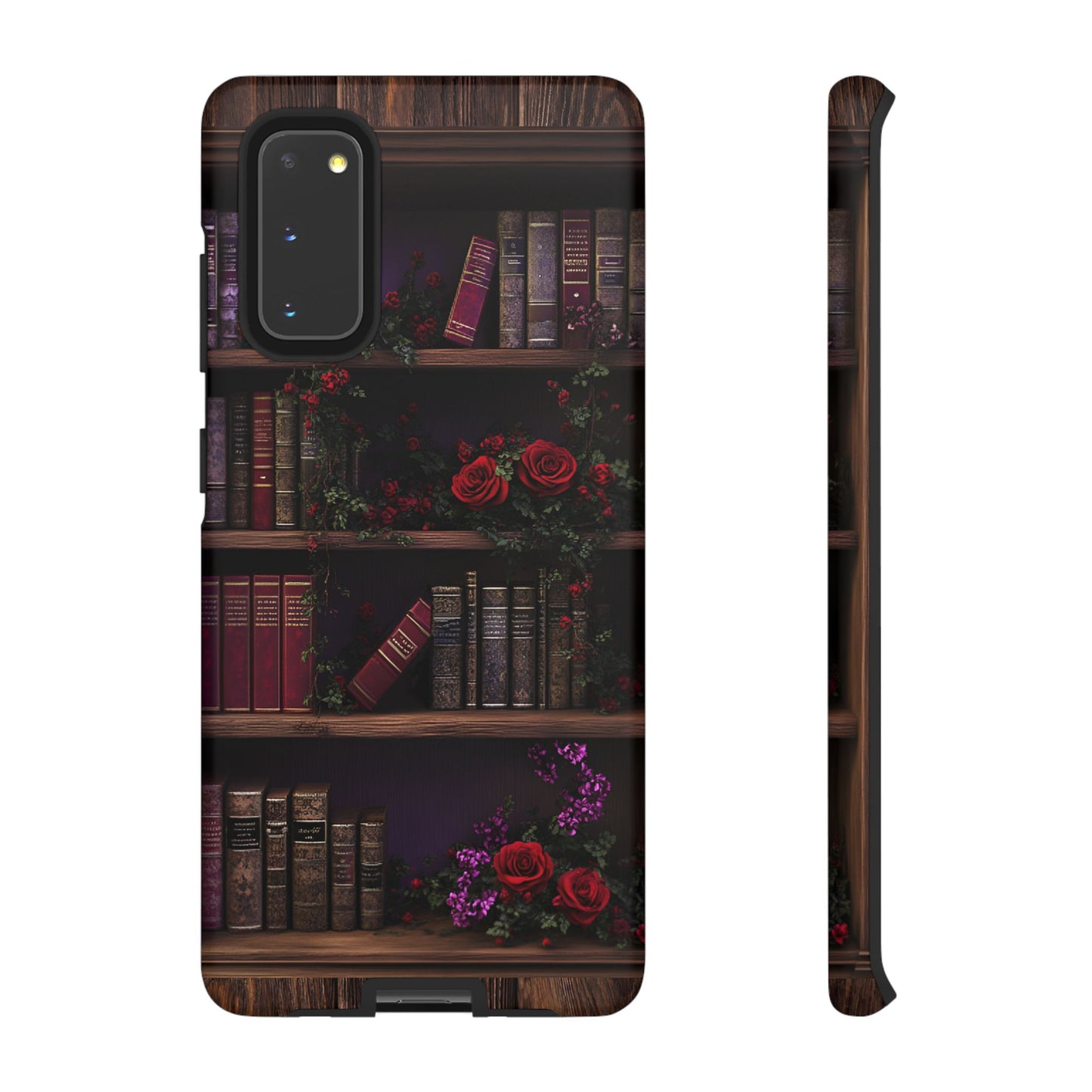 Book Lovers Phone Case - Roses and Books in Moody Vintage Bookshelf - iPhone 16 15 14 13 12 11, Samsung Galaxy & Google Pixel Phone Covers