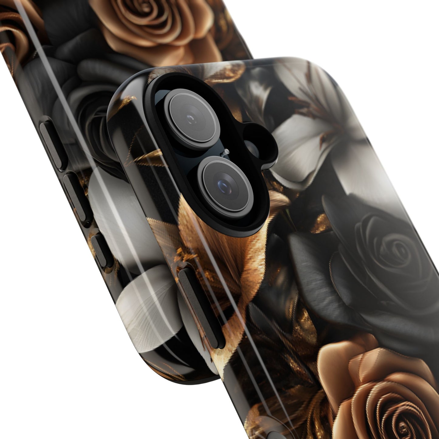 Floral Phone Case - Black and Gold Roses for iPhone 16 15 14 13 12 11, Samsung Galaxy & Google Pixel