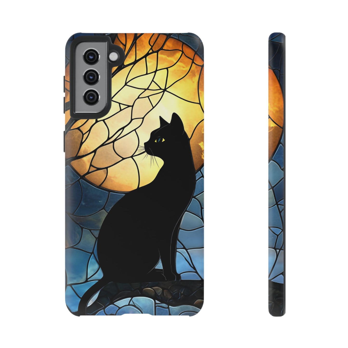 Black Cat and Moon Stained Glass Phone Case - Celestial Cat Lover Phone Cases for iPhone 16 15 14 13 12 11, Samsung Galaxy & Google Pixel