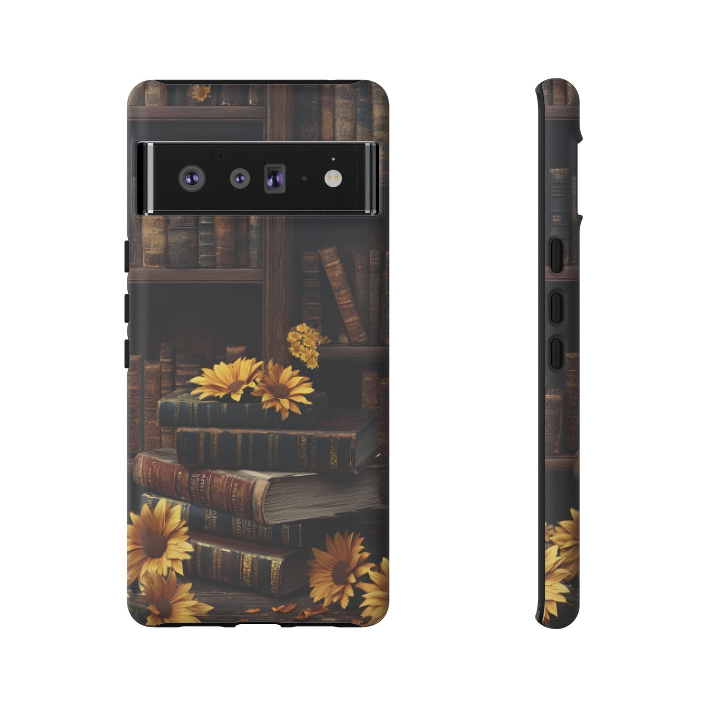 Vintage Books and Sunflowers Phone Case - Dark Academia Library Phone Cases for iPhone 16 15 14 13 12 11, Samsung Galaxy & Google Pixel