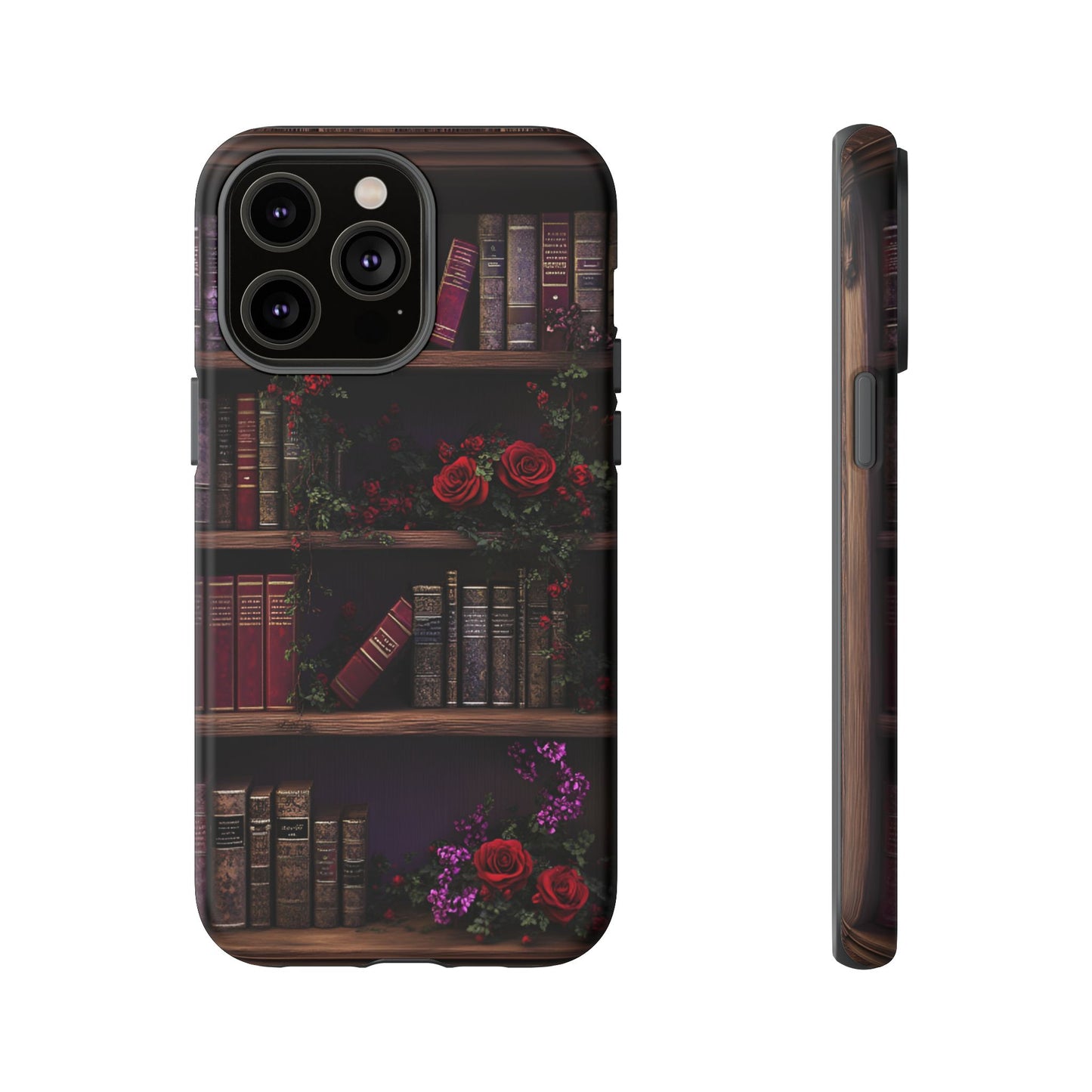 Book Lovers Phone Case - Roses and Books in Moody Vintage Bookshelf for iPhone 16 15 14 13 12 11, Samsung Galaxy & Google Pixel