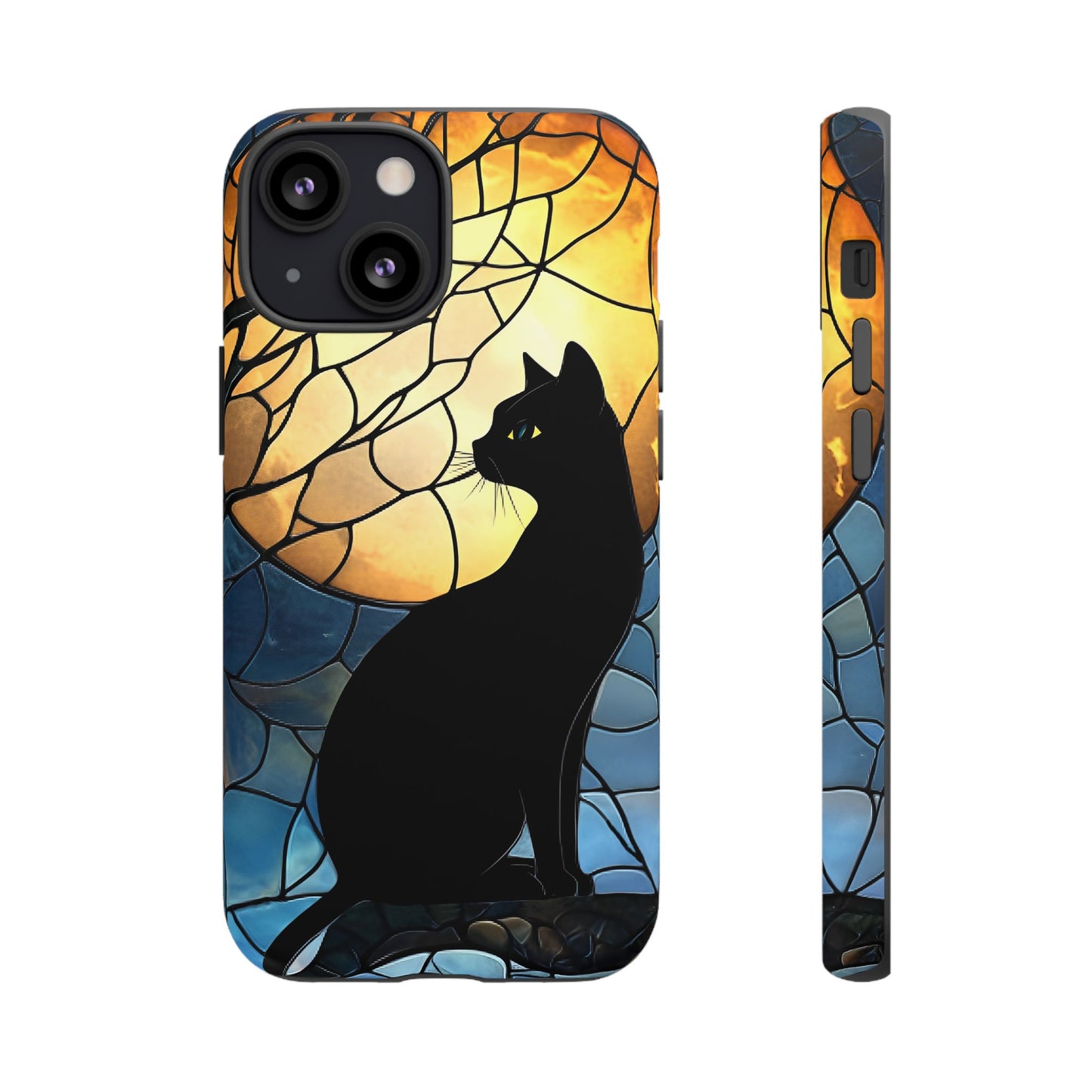 Black Cat and Moon Stained Glass Phone Case - Celestial Cat Lover Phone Cases for iPhone 16 15 14 13 12 11, Samsung Galaxy & Google Pixel