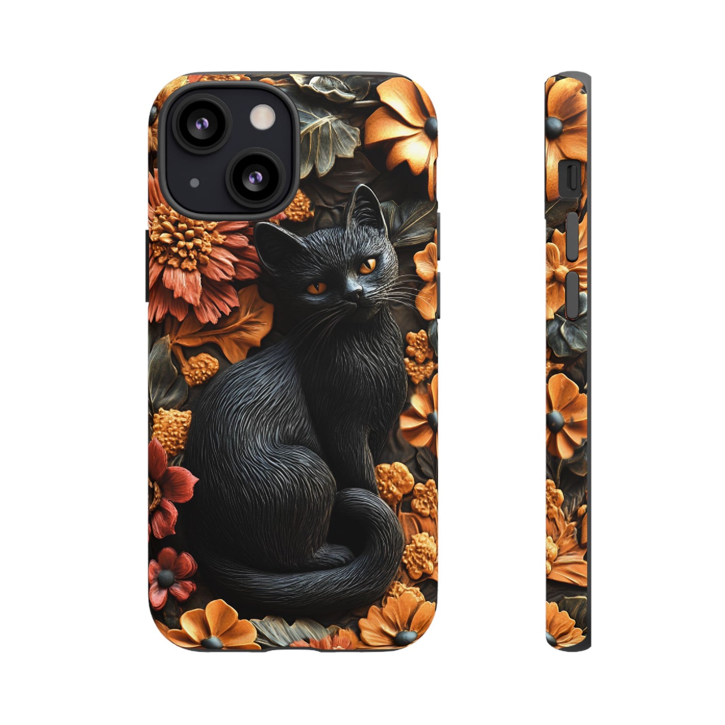 Black Cat Floral Fall Phone Case - Carved Clay Effect Cat Lover Phone Cases for iPhone 16 15 14 13 12 11, Samsung Galaxy & Google Pixel