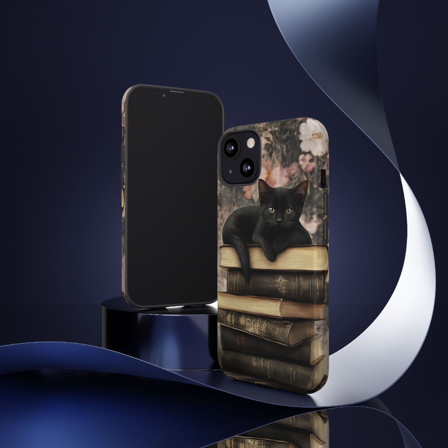 Black Cat and Books Phone Case - Vintage Dark Academia Library Phone Cases - iPhone 16 15 14 13 12 11, Samsung Galaxy & Google Pixel Phone Covers